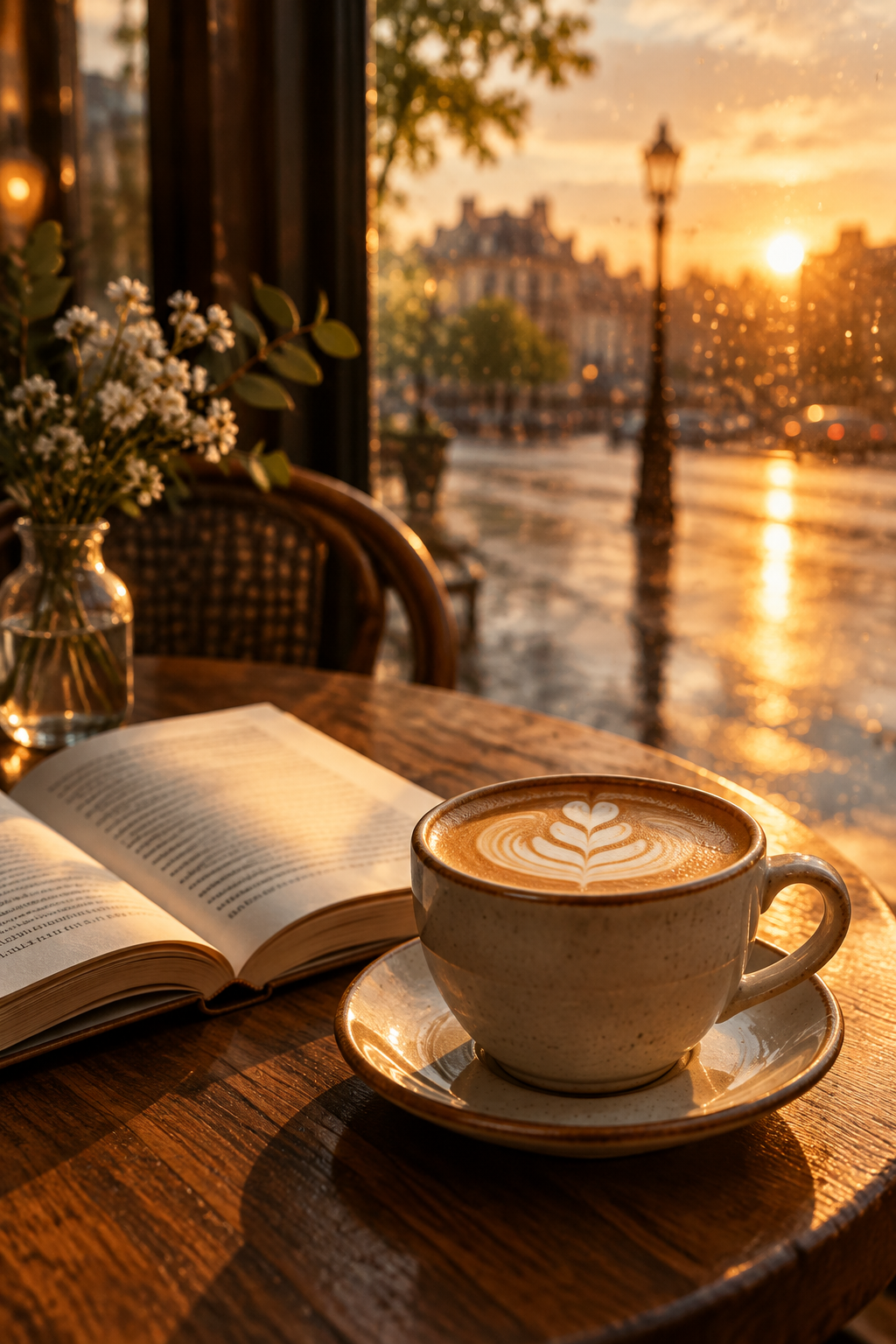 An AI-generated cafe scene with a warm cup, an open book and golden window light.