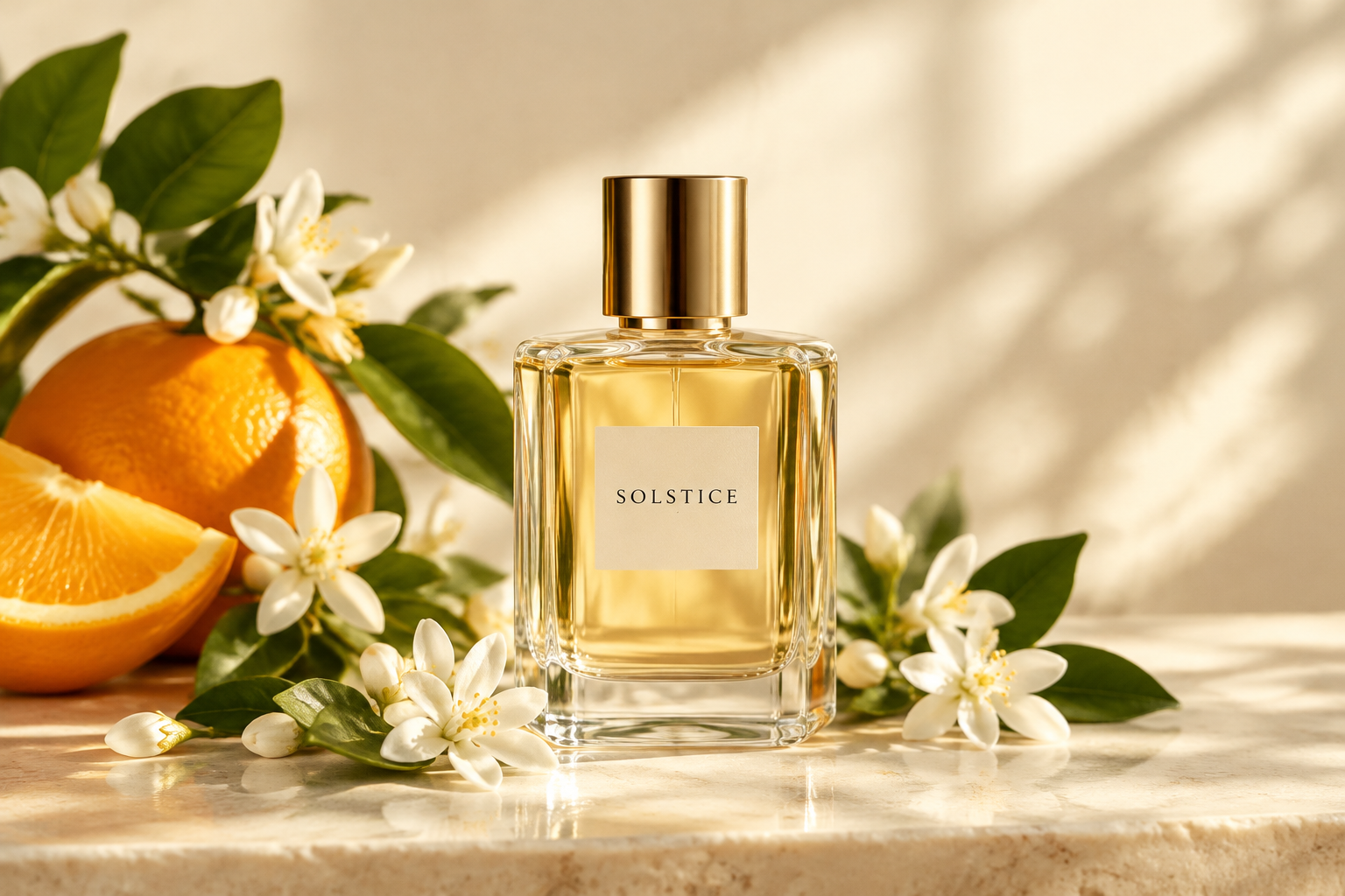 A citrus perfume bottle with orange blossoms in warm studio light.