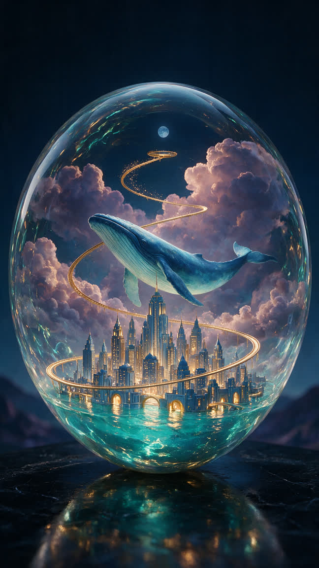 A blue whale above miniature illuminated buildings inside a transparent sphere.