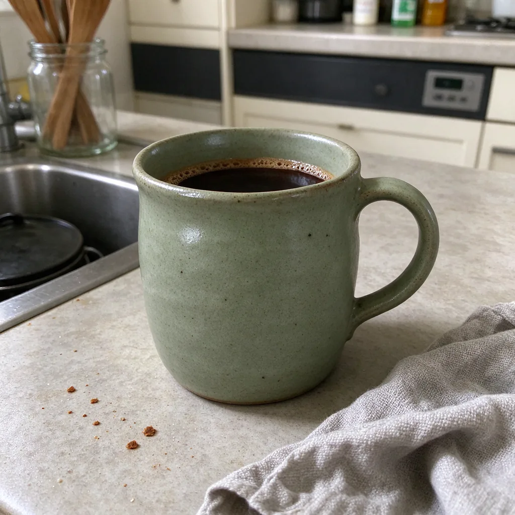 A sage-green ceramic mug in a casual phone-style photo on a cluttered kitchen counter.