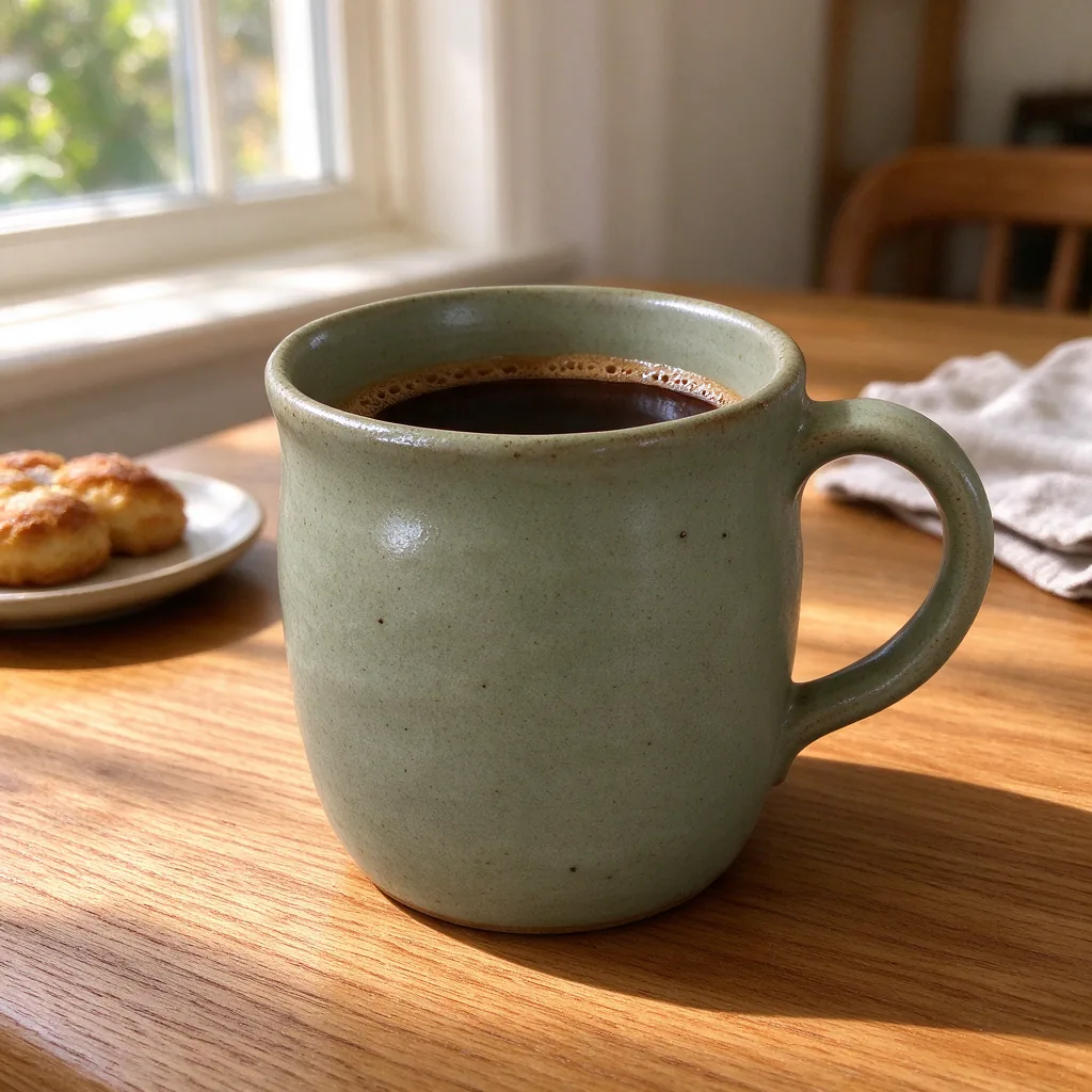 The same mug on a sunny oak breakfast table.