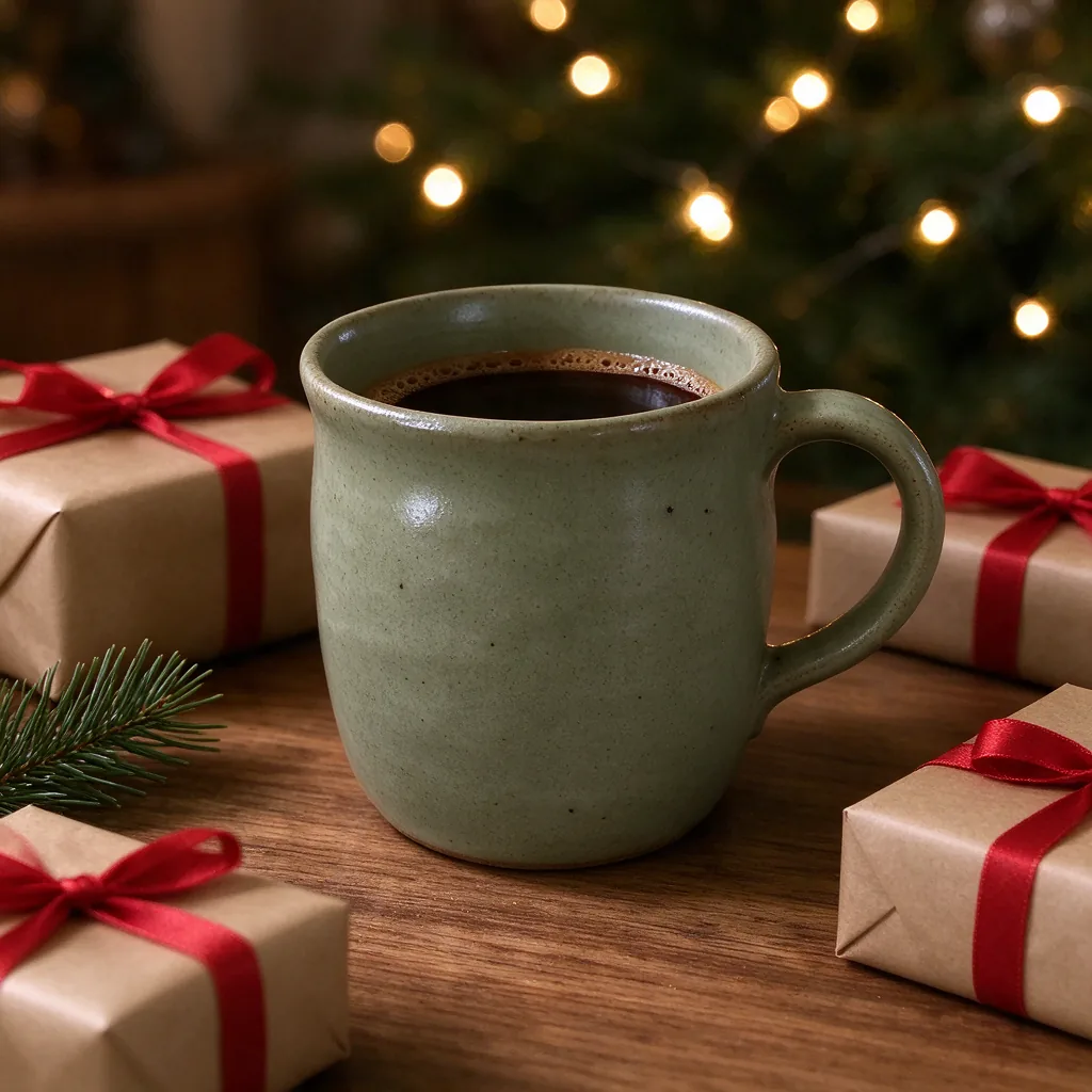 The same mug among kraft-paper gifts with red ribbon and warm fairy lights.