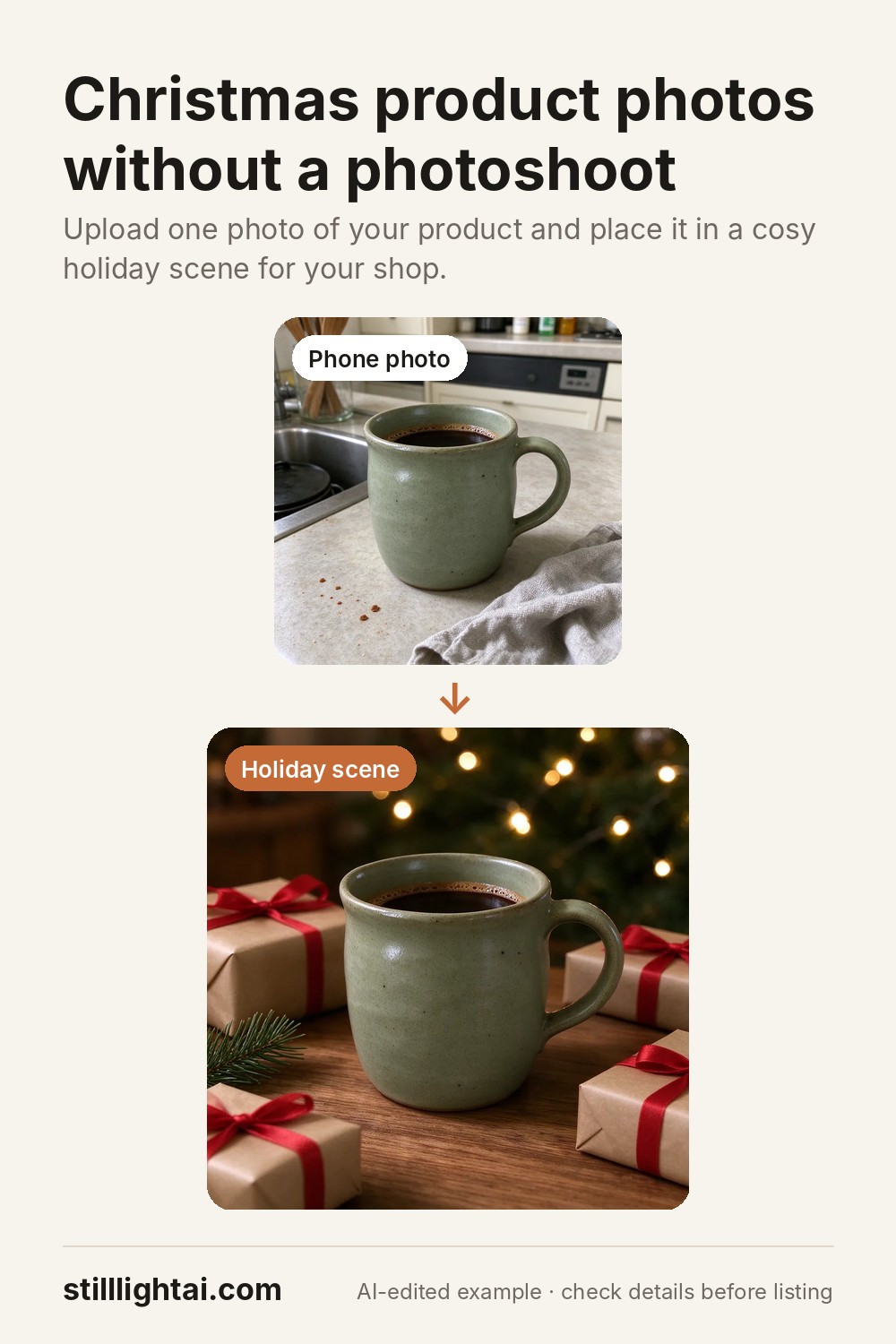 Christmas product photos without a photoshoot: a mug photographed on a kitchen counter, then placed in a holiday gift scene.