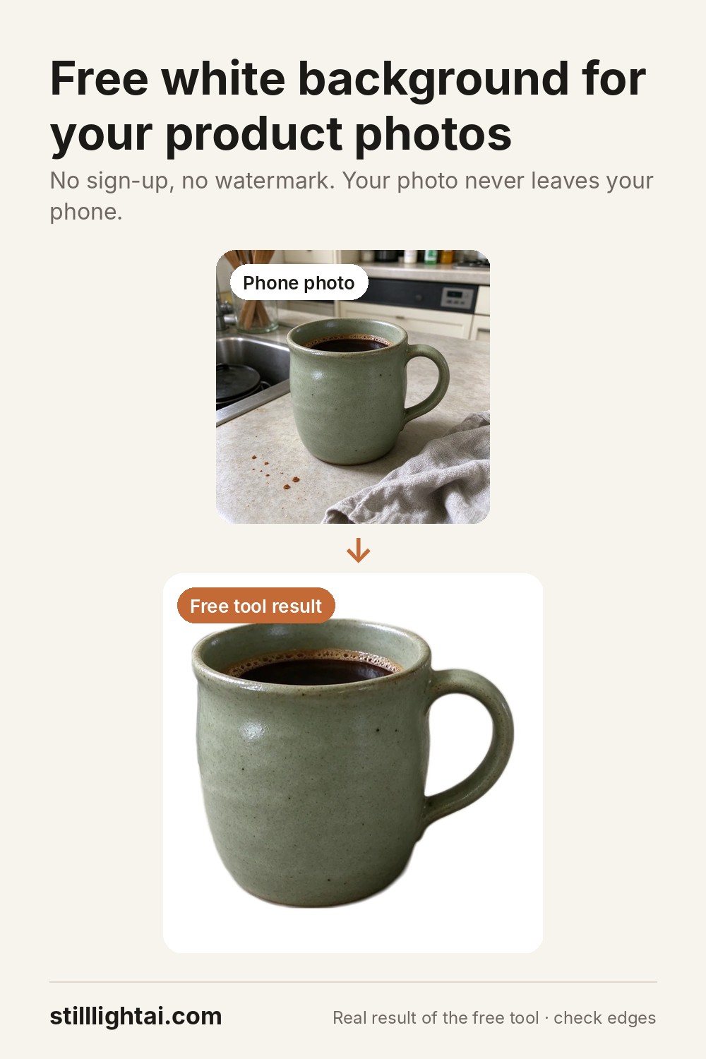 Free white background tool: a mug photographed on a kitchen counter, then the free tool's real result with the mug on pure white.